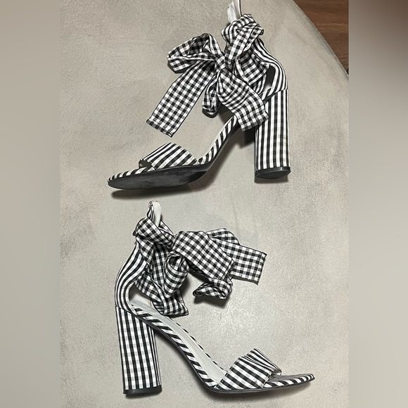 Guess Shoes - GUESS Allison Gingham Black and White Plaid Ankle Wrap Heels